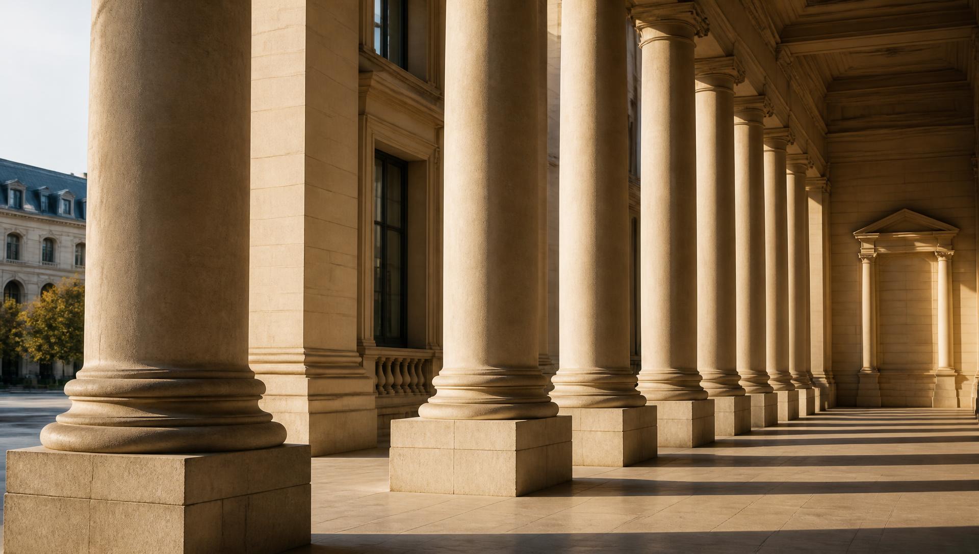 Sunlit neoclassical stone colonnade of a civic hall